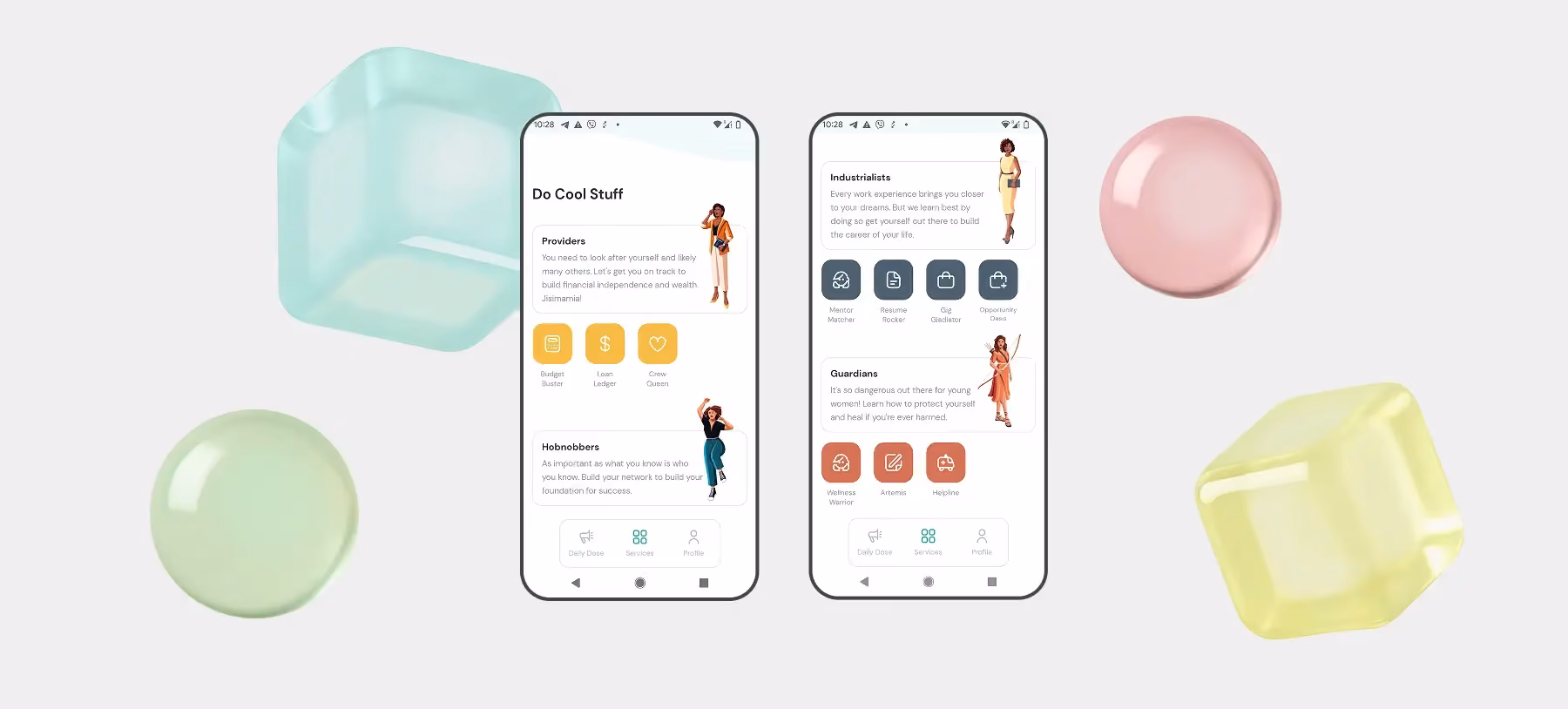 Girls First Finance: interface screens